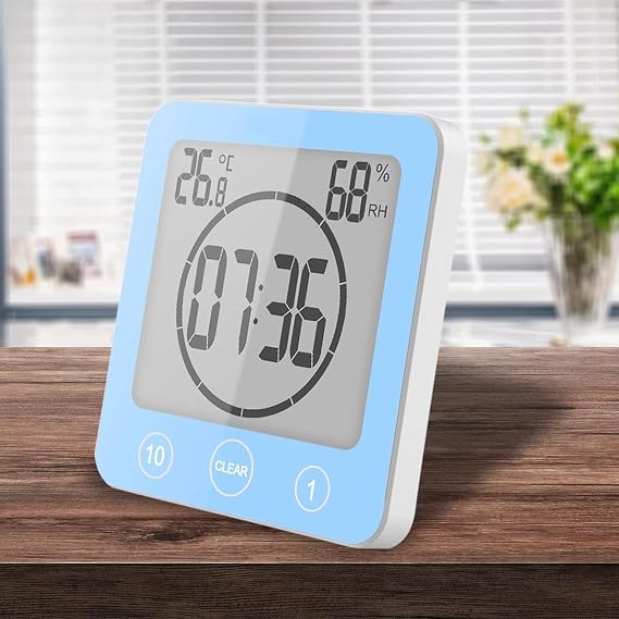 Digital Bathroom Shower Wall Clock Timer, Shower Clock Waterproof with Big LCD Display, Touch Screen Timer with Suction, Large Countdown Visual Hanging Wall Clock (Blue)