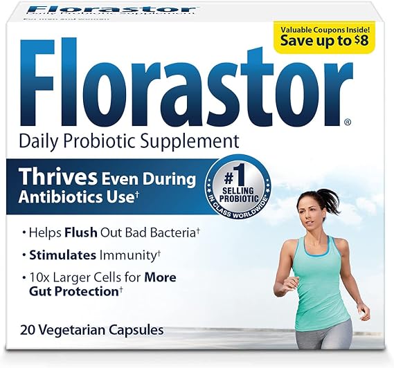 Florastor Probiotics for Digestive & Immune Health, 20 Capsules, Probiotics for Women & Men, Dual action helps flush out bad bacteria & boosts the good with our unique strain Saccharomyces boulardii