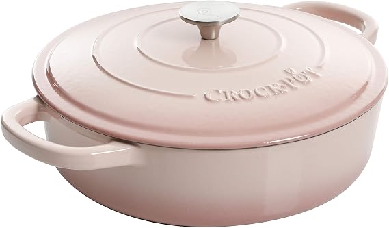 Crock-Pot Artisan 5-Quart Blush Enameled Cast Iron Braiser with Lid Durable Slow Cooker and Oven Safe Cookware
