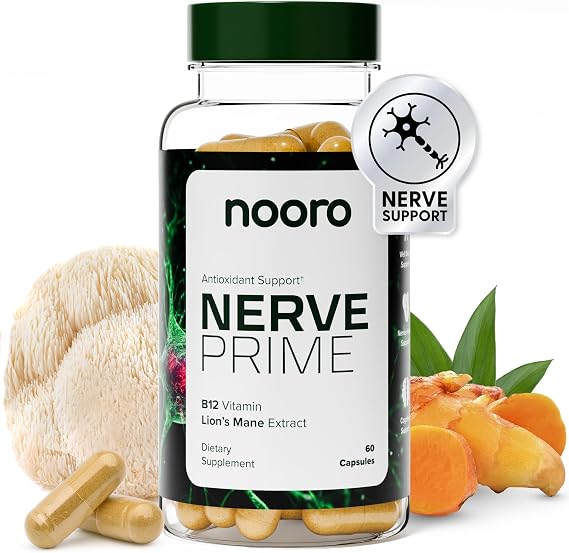 nooro Nerve Prime Supplement - R-Alpha Lipoic Acid, Lions Mane Mushroom, and Curcumin, Well-Being Support, Cognitive Function, Antioxidant Protection, 30-Day Supply