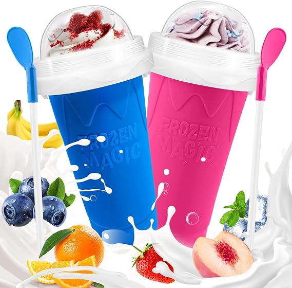 FANS-ONE Slushie Cup, 2 Pack Cool Stuff DIY Magic Slushy Cup | Quick Frozen, with Lids and Straws, Slushy Maker Cup for Juice Milk Ice Cream, Squeeze Cups for Kids Teens Family (Blue+Pink)