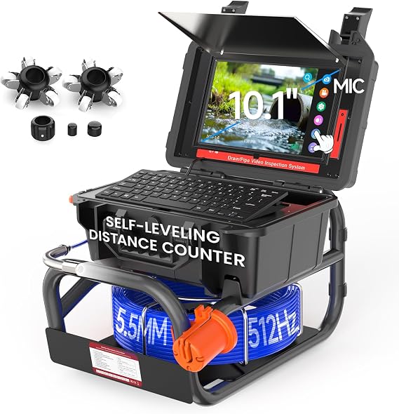 Sewer Camera 165FT, 10.1" 1080P Touch-Screen Pipe Inspection Camera with Self-Leveling, 512Hz Transmitter, Distance Counter, 12 LEDs Industrial Borescop for Drain Plumbing Pipe DVR/Audio Recording
