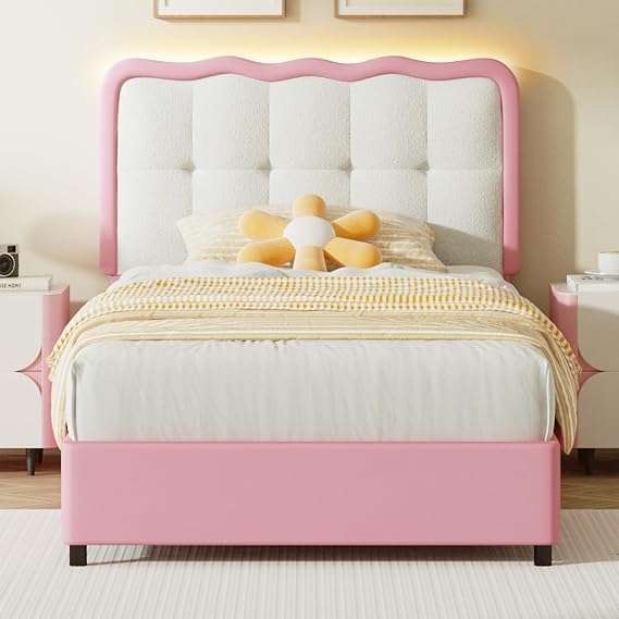 BarnFurin Twin Size Boucle Bed Frame with Cloud Headboard, Upholstered Platform Bed with Rounded Corners, No Box Spring Required, Easy Assembly, Pink