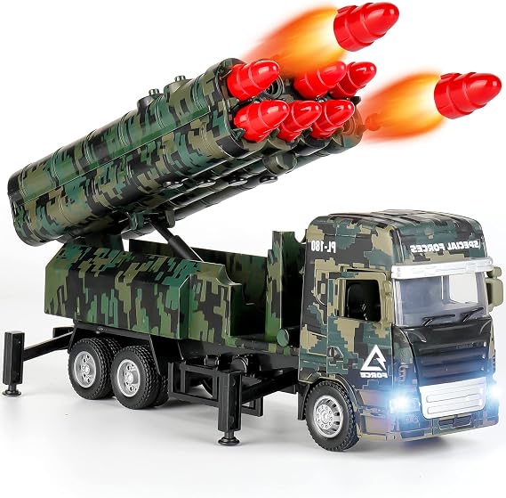 Military Toy Battle Army Cars with 8 Rockets Alloy Military Truck Play Cars with Light & Sound Pull Back Army Toy Gift for 3 4 5 6 7 8 Year Old Boys