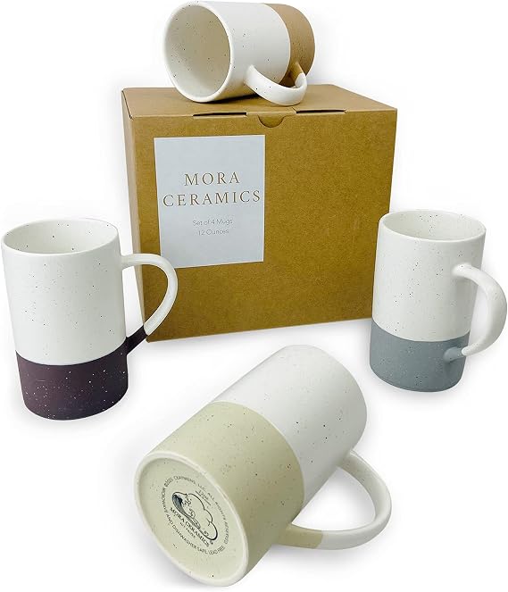 MORA Ceramics 12oz Coffee Mug Set of 4 - Ceramic Tea Cups with Handle - Microwave and Dishwasher Safe, Perfect For Cup or Mug Lovers - Rustic Matte Glaze, Modern Design Mugs - Assorted Colors