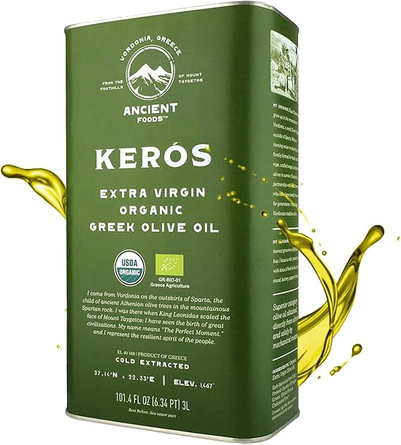 Ancient Foods BIO, Kerós Organic Olive Oil, Cold Pressed, Greek Extra Virgin Olive Oil, Highly Phenolic, 1000 Year Old Trees, Traditional Hand Harvest, 3l canister (3 litres)