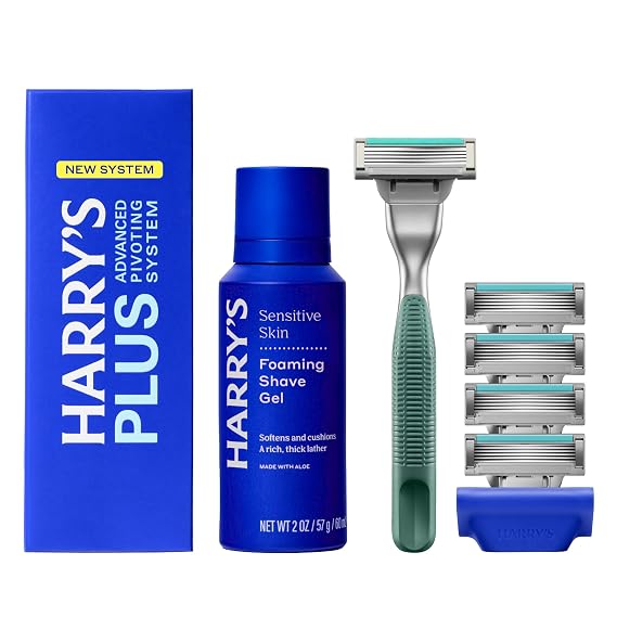 Harry's Plus Shaving Kit for Men - 5 Razor Blade Cartridges, 2 oz Shave Gel | Includes Premium Handle and Travel Blade Cover - Advanced Pivoting System - Moss