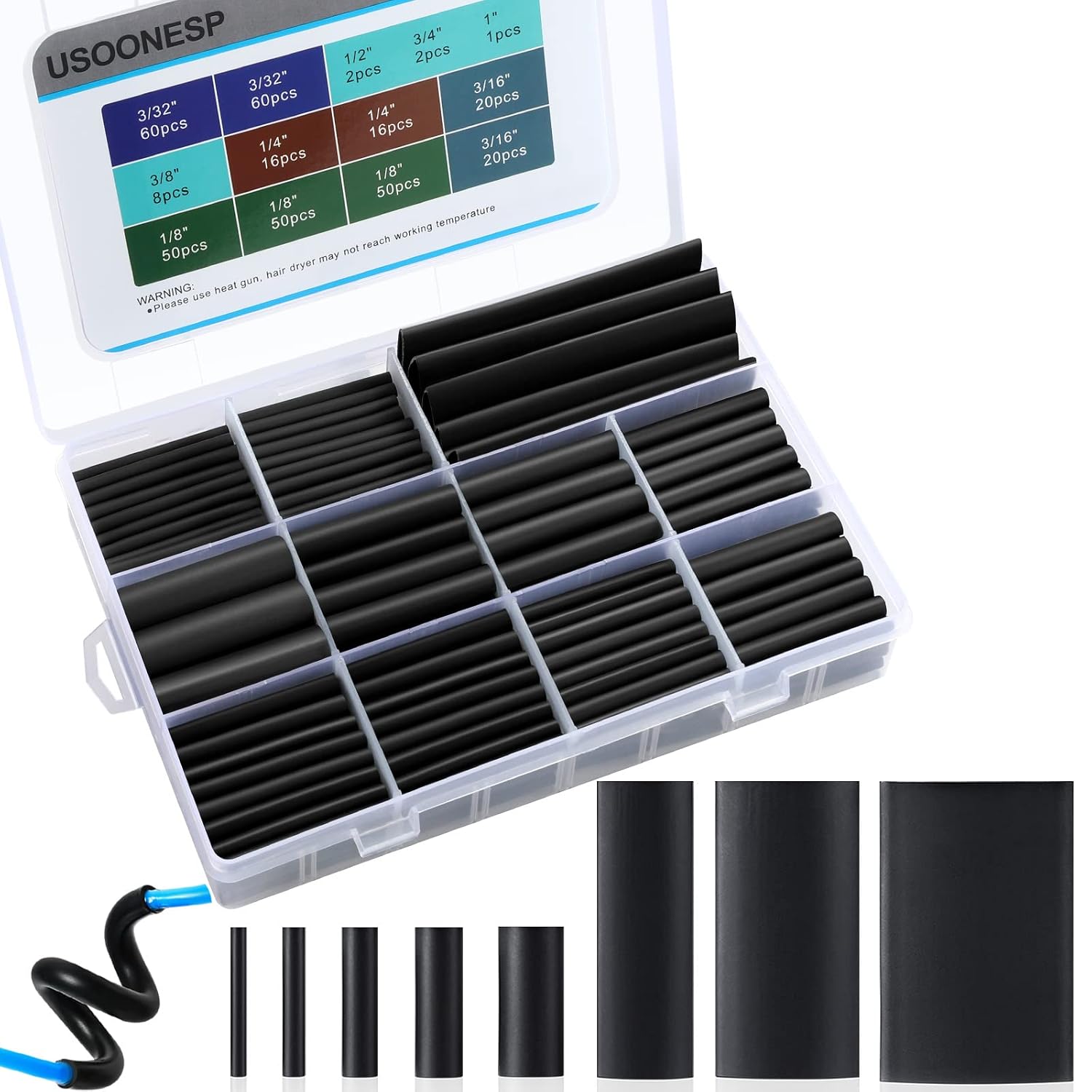 355PCS] 3:1 Heat Shrink Tubing Kit, Wire Shrink Wrap Tubing, Shrink Tubes Electrical, Industrial Heat-Shrink Tubing, Marine Grade Adhesive, Automotive Wire wrap for DIY, 8 Sizes, Black USOONESP