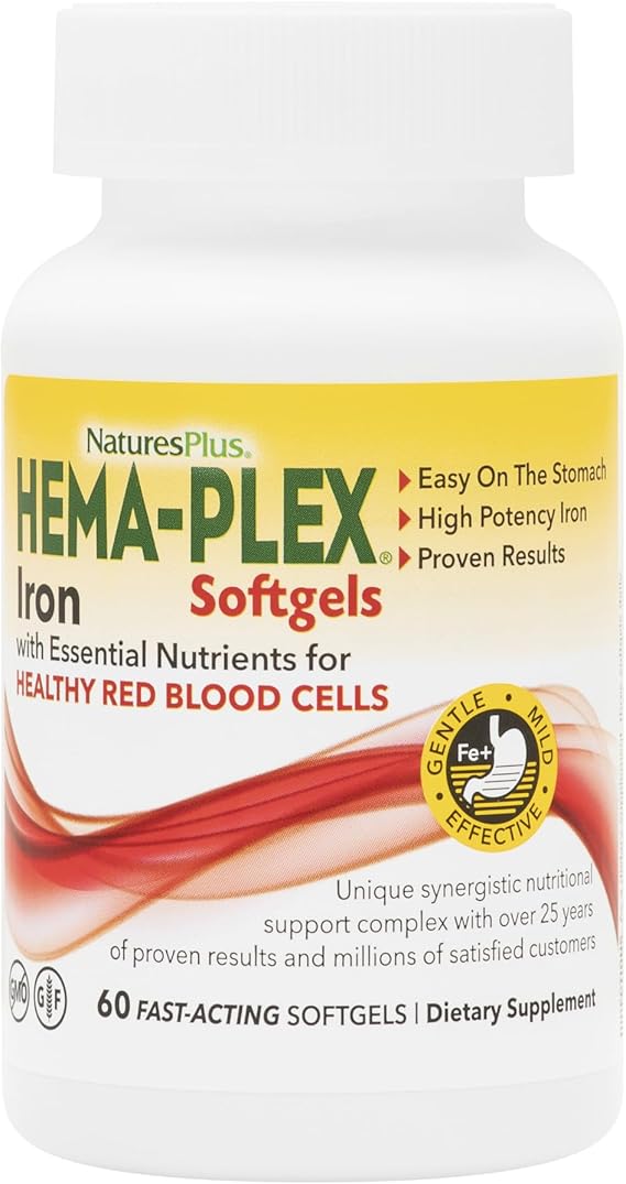 NaturesPlus Hema-Plex Iron - 60 Fast-Acting Softgels - 85 mg Iron  Vitamin C & Bioflavonoids for Healthy Red Blood Cells - Gluten Free - 20 Servings