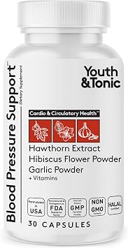 Youth & Tonic Natural Blood Pressure Support Supplement w/Hawthorn Hibiscus & High Potency Diuretic Herbs & Vitamins for Water Retention | 30 BP Capsules to Maintain a Good Health | Women & Men