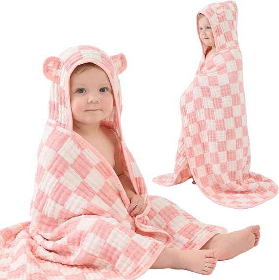 Muslin Toddler Bath Towels Organic Cotton Blend (Pink Check,55x28) | 55x28 Inches, Ultra Soft Jacquard, 6-Layer, Snap Buttons Bath Poncho, Baby Beach Towel, Premium Shower, Curated Gift Box