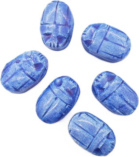 Egyptian Scarab Beads Set of 6 Extra Large - Horizontal Drilled - Dark Blue Hand-Carved Soapstone - Ancient Egypt Hieroglyphs - Made in Egypt