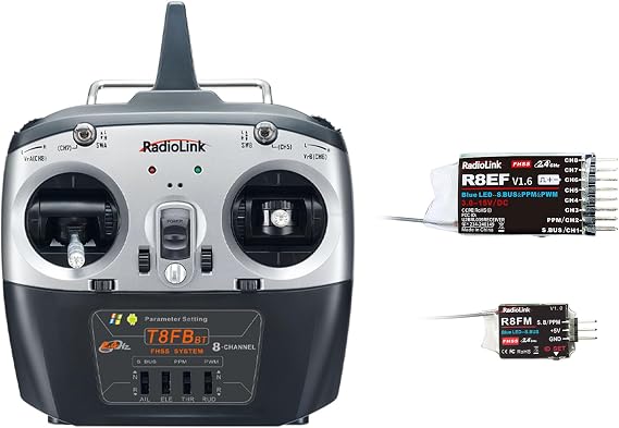 Radiolink T8FB 2.4ghz 8 Channels RC Radio Transmitter and R8EF/R8FM Receivers Set Dual Stick Remote Controller for Airplane Boat Car Robot and More (3 Pcs)