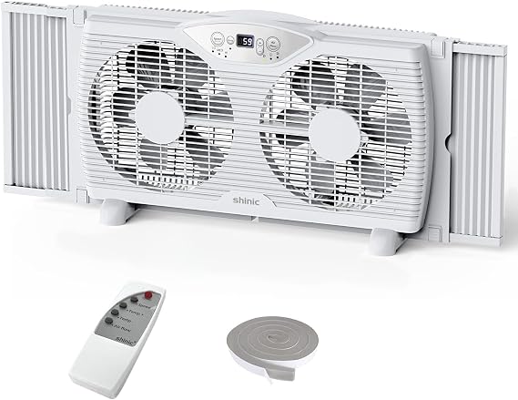 shinic Twin Window Fan, 9-Inch Blades Reversible Airflow, Thermostat Control, 3 Speeds, 3 Functions, 23.8"-37" Expandable Width, Window Exchaust Fans for Home Bedroom, ETL Certified
