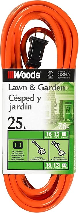 Southwire Woods 25ft Outdoor Extension Cord Bright Orange, 16/2 Two-Prong Durable SJTW Jacket for Landscaping & Light-Duty Power Molded Plug