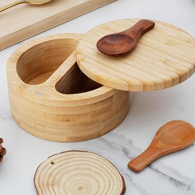 Bamboo Salt Cellar, 2-Compartment Salt Box with Lid and Spoon, Kitchen Salt Box Spice Cellars Salt Holder Bowl, Saver Jar with Swivel Magnetic Lid to Storage Pepper Spice Sea Salt for Countertop