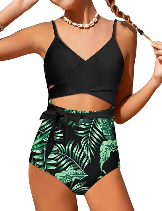 BAVADER Girls Swimsuit Cutout One-Piece Bathing Suit V-Neck Swimsuits for Teens Cute Swimwear with Drawstring Cover Up 9-18y