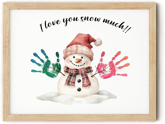 TwoDays Christmas Handprint Art Craft Kit - DIY Gift for Mom Grandma & Family with Kids, Xmas Decorative Keepsake for Grandparents from Kids Grandkids (Snowman, 12" X 16", Wood Frame)