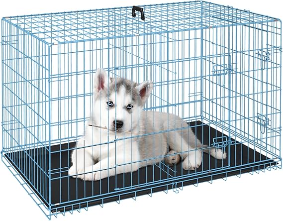 FDW | 24" Foldable Metal Dog Crate | Blue | Cage for Small Dogs