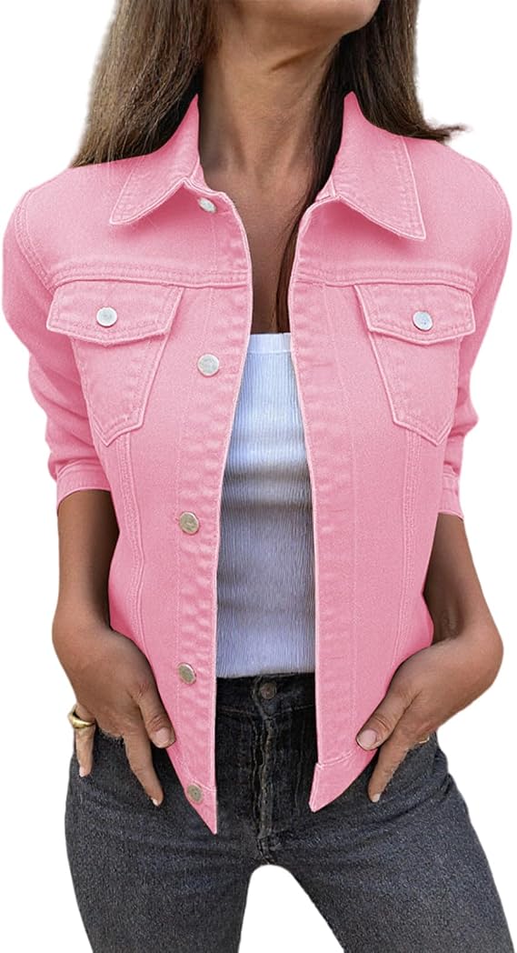 Women's Jean Jacket 2025 Button Down Lapel Long Sleeves Denim Jackets Stretchy Fitted Cropped Jacket with Pockets