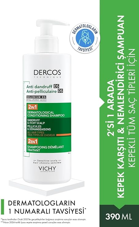 Vichy Dercos 2’si 1 Arada Kepek Karşıtı ve Nemlendirici Şampuan 390 ml | İlk kullanımdan itibaren %100 görünür kepeği giderir, 72 saat nemlendirir ve saçları yumuşak ve parlak bırakır.