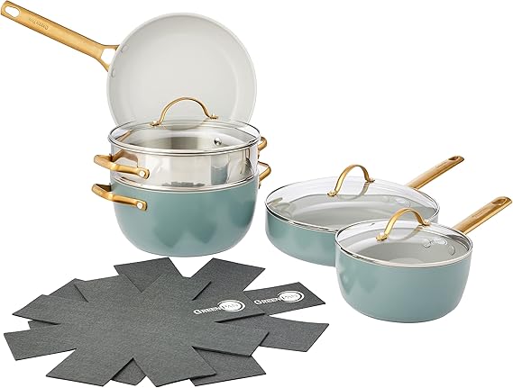 GreenPan Hard Anodized Healthy Ceramic Nonstick, 10 Piece Cookware Pots and Pans Set, PFAS-Free, Dishwasher Safe, Smokey Blue