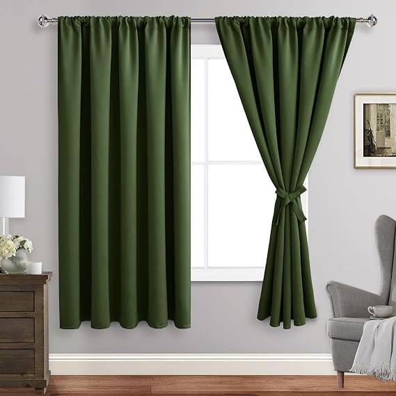 JIUZHEN Christmas Blackout Curtains for Bedroom - 60 Inch Wide Thermal Insulated Room Darkening Privacy Soundproof Curtains for Living Room, Set of 2 Panels with Tiebacks, 60 x 63 inches, Olive Green