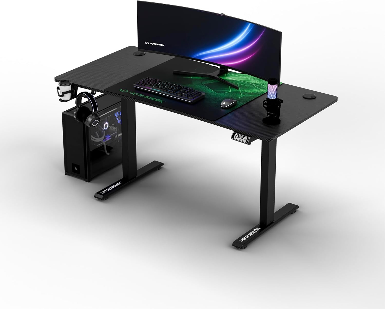 ULTRADESK - Level V2 Height-Adjustable Desk - Electric Computer Desk - 140x68 cm for Gaming Office Home Office - Set with XL Mouse Pad - Black Green