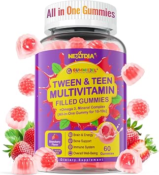 Nextdia Multivitamin Filled Gummies for Teen Boys Girls 12-17, 18, 19, Kids 10+ Multivitamin with Omega 3, Calcium + Magnesium + Zinc, Multi-Minerals for Adolescent 10-19S Brain, Bone, Energy, Immune