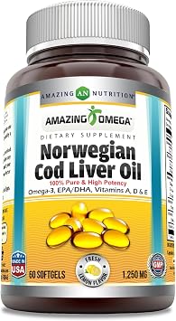 Amazing Omega Norwegian Cod Liver Oil 1250 Mg Softgels Supplement | Omega-3, EPA, DHA, Vitamin A, Vitamin D & Vitamin E Lemon | 60 Count
