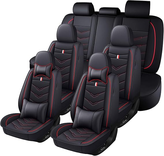 Car Seat Cover 7 Seats for GMC Acadia 2007-2026, Durable Wear Resistant Waterproof Sport Seat Covers, Breathable No Odor Premium Leather Vehicle Seat Covers.(Luxury,Black Red)