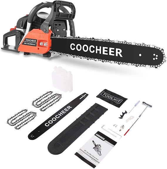 Chain Saw 62CC Gas Chainsaw 20 Inch 2-Cycle Gas Powered Chain Saws 3.5 HP Power Chain Saw Cordless Gasoline Powered Chainsaw with 2 Chains for Tree Wood Cutting