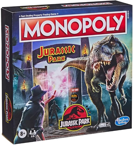 Monopoly: Jurassic Park Edition Board Game for Kids Ages 8 and Up, Includes T. Rex Token, Electronic Gate Plays SFX and Movie Theme