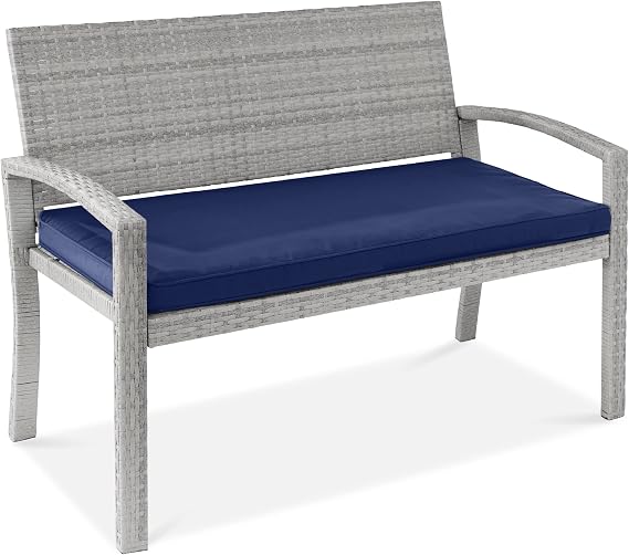 Best Choice Products Outdoor Bench 2-Person Wicker Garden Patio Benches Seating Furniture for Backyard, Porch w/Seat Cushion, 700lb Capacity - Gray/Navy