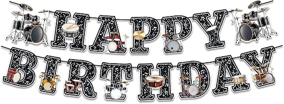 Drum Theme Birthday Party Banner, Drummer Happy Birthday Banner for Boys Girls Kids Drum Party Baby Shower Decorations