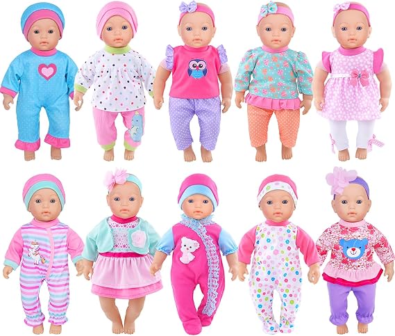 10 Sets Baby Doll Playtime Outfits Clothes Hat Headband Fits for 10 Inch Baby Dolls 12 Inch New Born/Alive Baby 14 inch Dolls (No Doll)