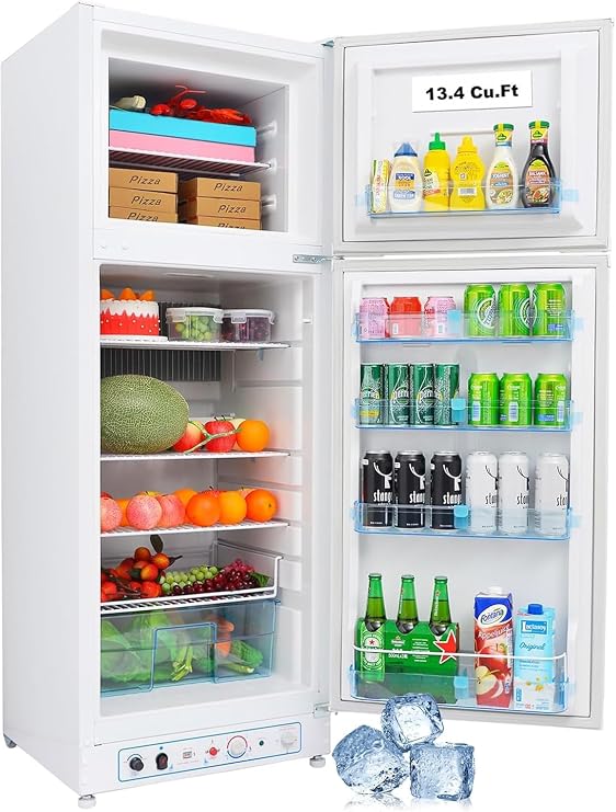 SMETA Propane Refrigerator with Freezer, 13.5 cuft 2-way Fridge 110v/LPG Gas, Dual Ways Top Freezer Full Size Refrigerator for Kitchen Garage RV Cabin Outdoor, White