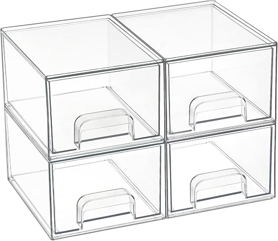 Vtopmart 4 Pack Clear Makeup Organiser, Acrylic Small Stackable Storage Drawers, Plastic Storage Box For Vanity, Bathroom, Under Sink, Kitchen Cupboard, Pantry, Home Organization