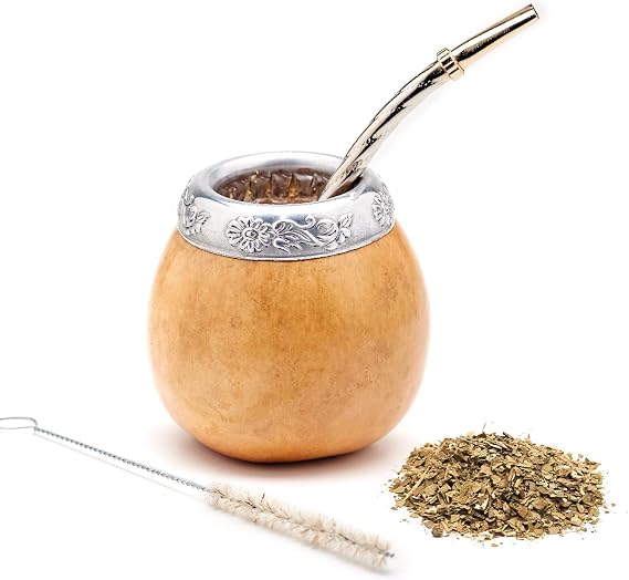 BALIBETOV Set of Two Yerba Mate Gourd and One Pack of 100gr - 3.5OZ of Yerba Mate -- Yerba Mate Cup Argentina - Includes two Mate Tea Cup, 2 Bombilla, 1 Cleaning Brush, 1 Loose Leaf Yerba Mate bag (NATURAL)