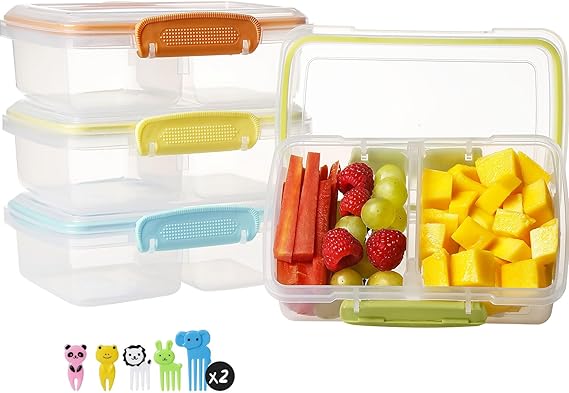 Greentainer 4 Pack Snack Containers with Lids for Kids, 2 Compartment Reusable Bento Lunch Box with Cute Forks, Divided BPA-Free Plastic Food Storage & Meal Prep for School, Travel, Fruits & Snacks
