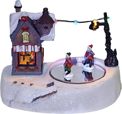 Ice Rink Christmas Village, Musical Animated Ice Hockey Rink Winter Snow Village Houses Indoor Decorations for Holiday Tabletop Displays