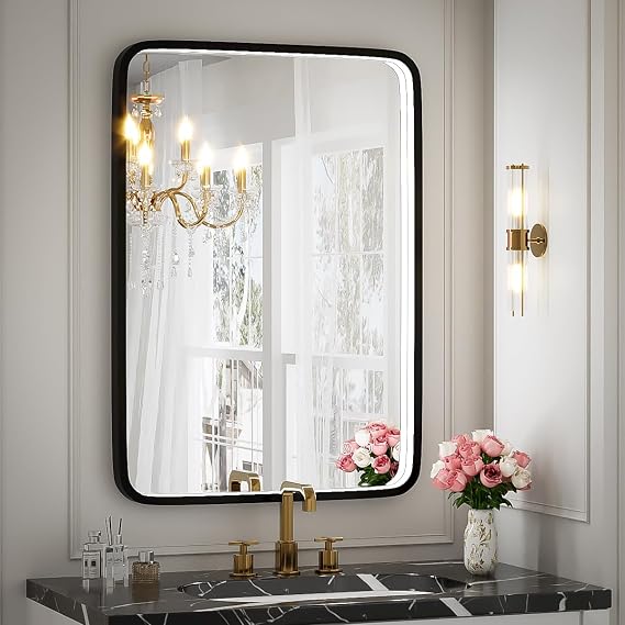 20x28 Inch LED Lighted Bathroom Mirror,Black Frame | ETL Listed,Anti-Fog,3000K/4500K/6000K Dimmable,Horizontal & Vertical,Wall Mounted,Memory Function,Ideal for Bathroom,Vanity