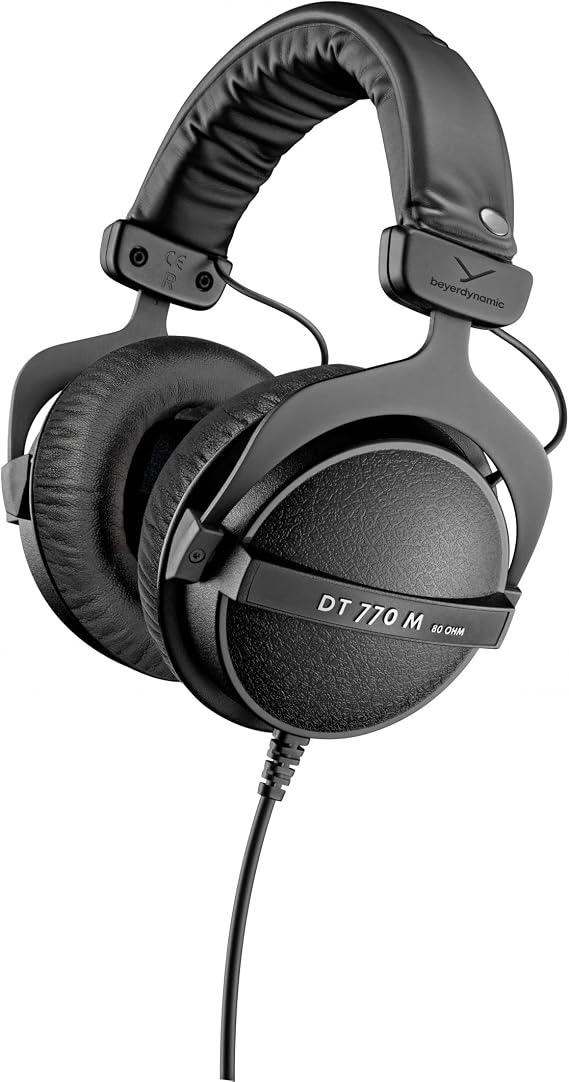 beyerdynamic DT 770 M, 80 Ohm, Closed Back, Over Ear, Wired Professional Studio Headphones, 3 m Straight Cable, Very Tight Fit, Great for Drummers & Front of House. Black w Black Leatherette Ear Pads