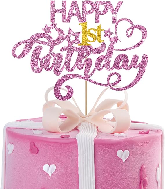 Pink Glitter Happy 1st Birthday Cake Topper, 1 Piece, 6.3 x 3.5 Inches, Dessert Decorating Cake Toppers, Birthday Party, Pink with Glitter