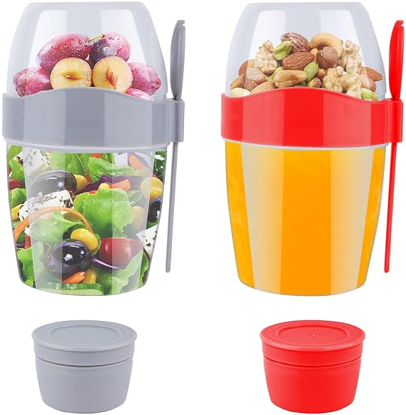 875ML Reusable Overnight Oats Container with Lid, 2 Pcs Yogurt Pots with Lids, On The Go Breakfast Cereal Yogurt Cups Containers with Fork Spoon for Salads Fruit Granola Cereal Milk Porridge