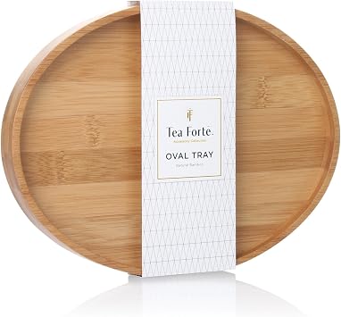 Tea Forte Natural Bamboo Small Oval Decorative Serving Tray for Tea, Coffee, Snacks, 9 in x 7 in
