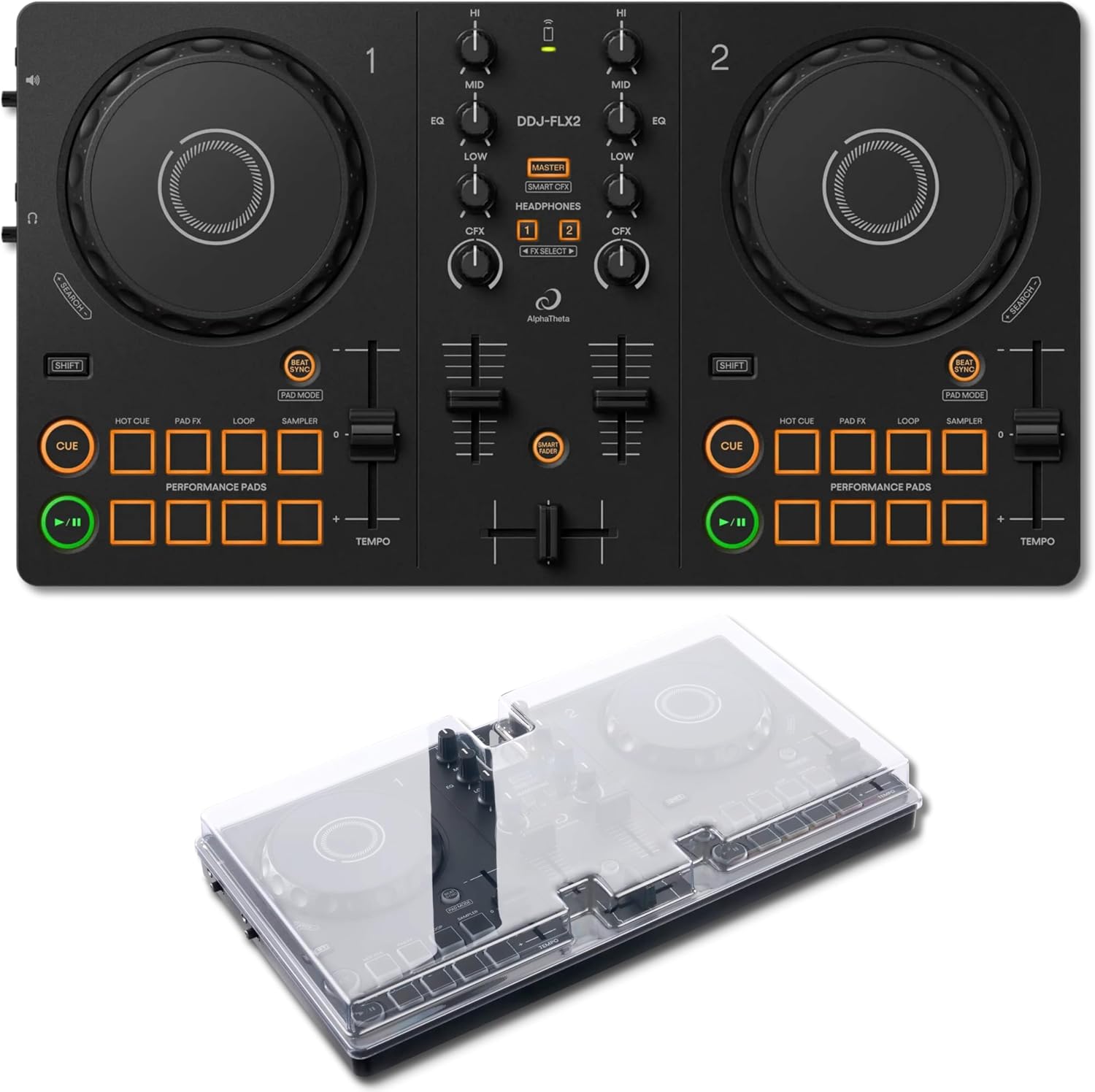 AlphaTheta DDJ-FLX2 2-Deck DJ Controller with Decksaver Polycarbonate Protective Cover