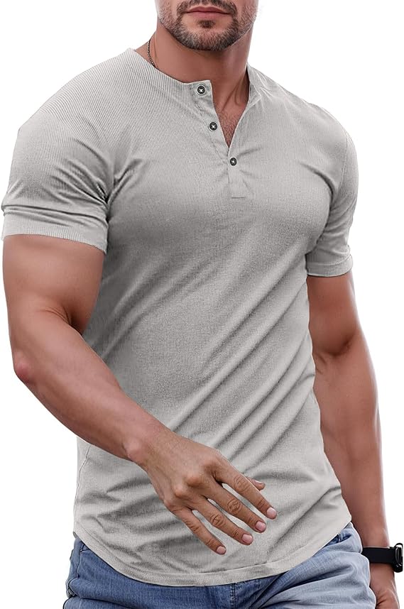 JMIERR Men's Muscle Slim Henley Shirts Crewneck Longline T-Shirt Gym Workout Athletic Shirt Tees with Button
