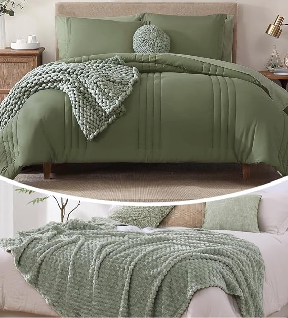 Monbix 7 Piece Comforter Sets and Fleece Throw Blanket Bundle