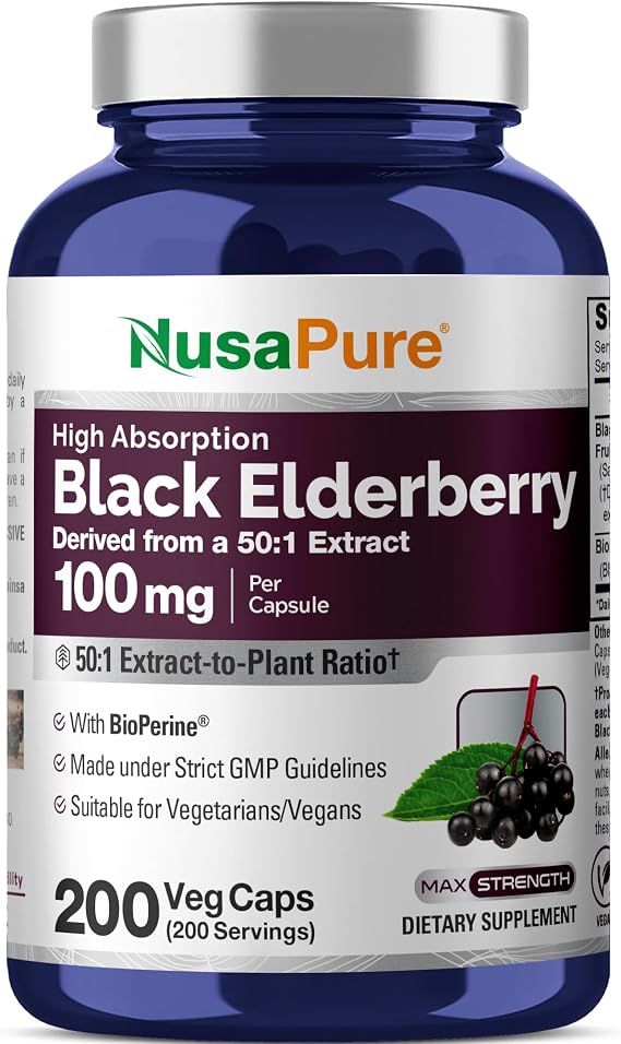 NusaPure Black Elderberry, 100 mg, 200 Veg Capsules (Non-GMO, Vegan)